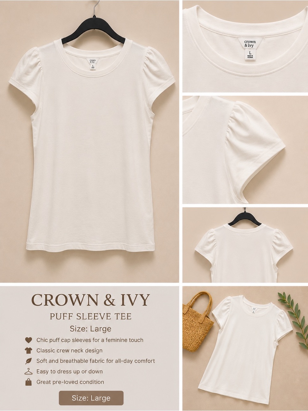 crown & ivy Cream Puff Sleeve Tee - Short Sleeve Crew
